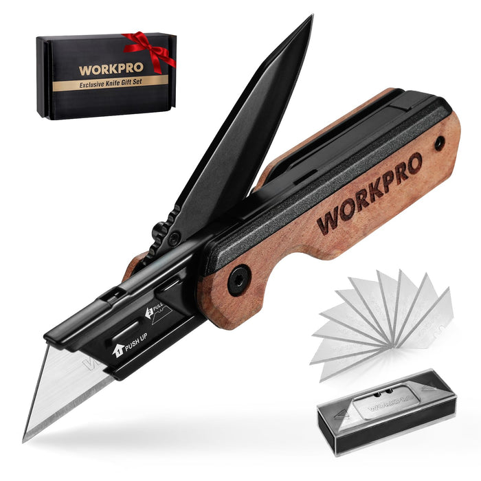 WORKPRO 2-in-1 Folding Knife/Utility Knife, Wood Handle