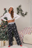 iChunhua Women Christmas Pajamas Elastic Waist Wide Leg Drawstring Palazzo Trousers Black Snowflake M