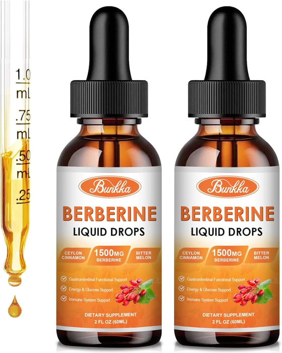 (2 Pack) Berberine Supplement, 1500mg Organic Berberine Liquid Drops with Ceylon Cinnamon, Bitter Melon, Sugar-Free & Vegan Supplement Supports Immune System & Gastrointestinal Care - 4 FL Oz