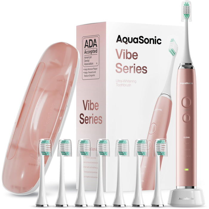 Aquasonic Vibe Series Ultra-Whitening Toothbrush – ADA Accepted Electric Toothbrush - 8 Brush Heads & Travel Case – 40,000 VPM Motor & Wireless Charging - 4 Modes w Smart Timer – Satin Rose Gold