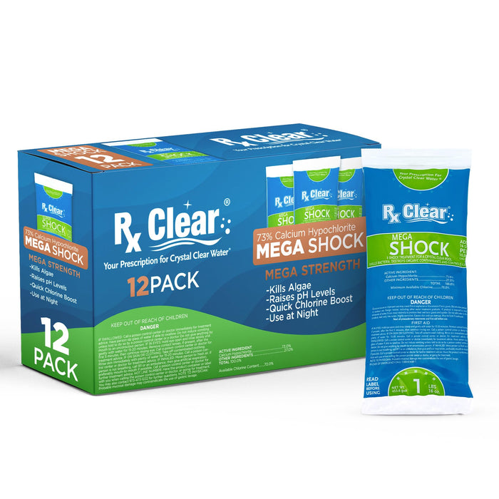 Rx Clear Mega Shock | 73% Calcium Hypochlorite | Kills Algae in Swimming Pools | Works As Pool Sanitizer Clarifier and Algicide | One Pound Bags | 12 Pack