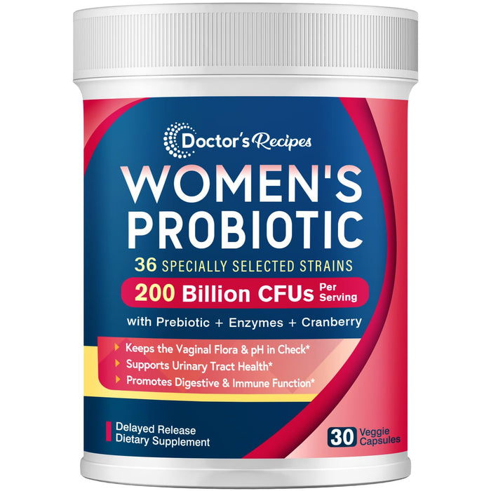 Doctor's Recipes Probiotics for Women, 200B CFUs 36 Strains, with Prebiotics, Enzymes & Cranberry, Vaginal Urinary Digestive & Immune, Shelf Stable, 30 Caps