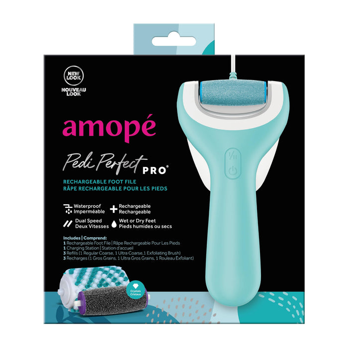 Amope Pedi Perfect Pro Wet & Dry Electric Foot File Callus Remover Kit, Waterproof, Rechargeable, Pedicure Tool for Feet, Removes Hard, Dead Skin, Feet Scrubber w/ Diamond Crystals, w/ 3 Roller Heads