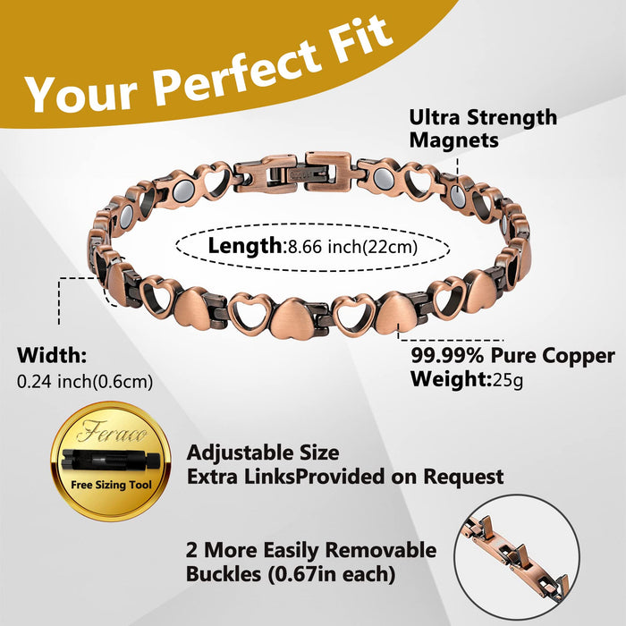 Feraco Copper Bracelet for Women 99.99% Solid Copper Magnetic Bracelets, Unique X Shape Links, Magnetic Field Therapy Jewelry Gifts (Heart Shape)