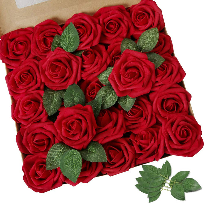 AmyHomie Dark Red Rose 50pcs Real Looking Artificial Flowers w/Stem