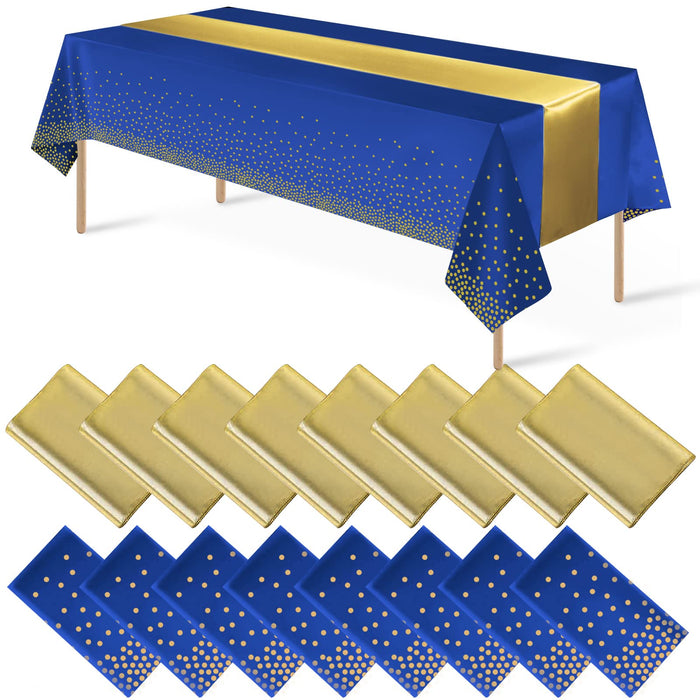 16Pack Disposable Plastic Tablecloths and Satin Table Runner Set Blue and Gold Dot Tablecloth Gold Satin Table Runner for Wedding Birthday Baby Shower Anniversary Christmas New Year Party Decorations