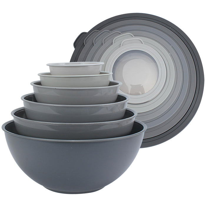 COOK WITH COLOR Mixing Bowls Set with TPR Lids - 12 Piece Plastic Nesting Bowls Set includes 6 Prep Bowls and 6 Lids, Microwave Safe (Grey)