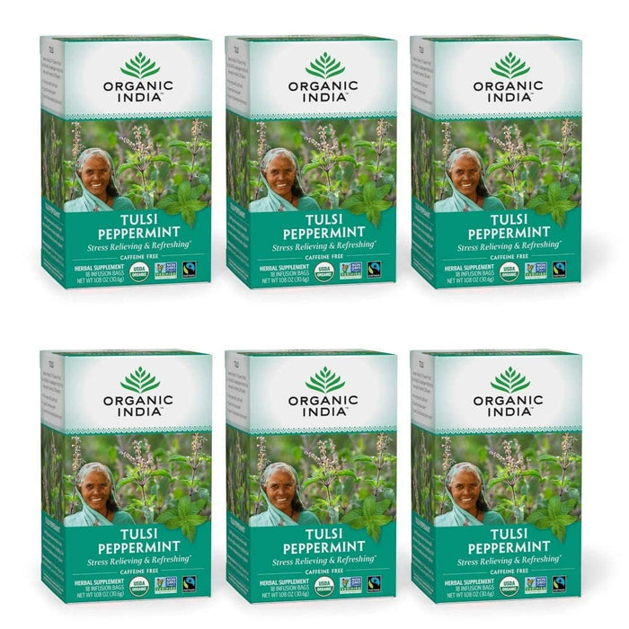 Organic India Tulsi Peppermint Herbal Tea - Holy Basil, Stress Relieving & Refreshing, Immune Support, Aids Digestion, Vegan, USDA Certified Organic, Caffeine-Free - 18 Infusion Bags, 6 Pack