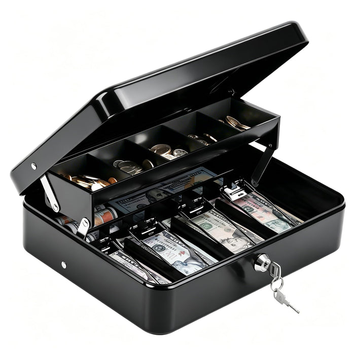 KYODOLED Cash Box with Money Tray and Key Lock, 1mm Thick Metal Cash Drawer