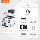 VEVOR Shower Commode Wheelchair with 4 Lockable Wheels, Footrests, Flip-up Arms, 3-Level Adjustable Height, 5L Removable Bucket, 350 LBS Capacity, Commode Chair for Adults Seniors