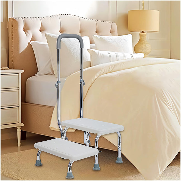 2 Step Stool with Handle for Elderly - Non-Slip Bedside Steps with Adjustable Handrail (450 lbs Capacity)