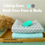 myHomeBody Extra Long Exfoliating Washcloth, Exfoliating Body Scrubber, Exfoliating Towel, 3D Texture Silver Grey and Arctic Blue Chevron, Set of 2 with Silicone Facial Brush