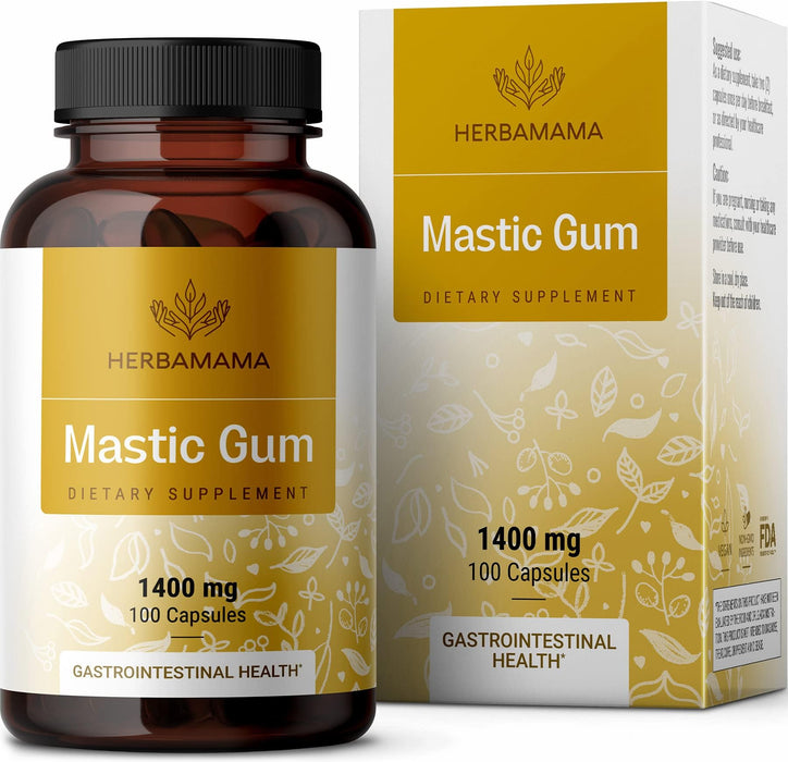 HERBAMAMA Mastic Gum Capsules - 1400 mg, 100 Caps - Pistacia Lentiscus Nutritional Supplement, Digestive Function & Liver Health - Vegan, Non-GMO Formula Resin Dietary Product