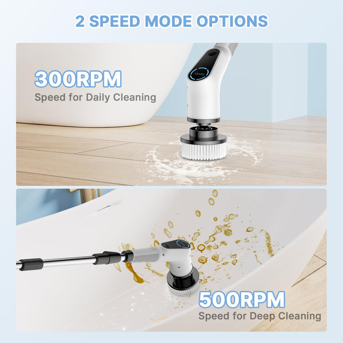 Dovety Electric Spin Scrubber, Cordless Cleaning Brush, Shower Scrubber with 8 Replaceable Brush Head, Power Cleaning Brush with Extension Handle, 2 Adjustable Speed, for Bathtub Grout Tile Floor