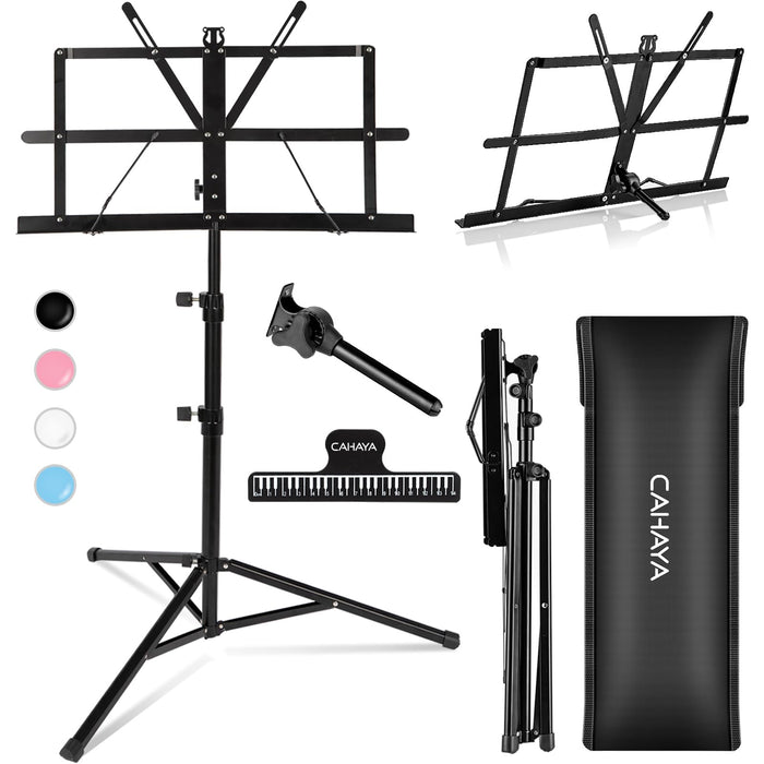 CAHAYA 2 in 1 Dual Use Extra Stable Reinforced Folding Sheet Music Stand & Desktop Book Stand Lightweight Portable Adjustable with Carrying Bag, Metal Music Stand with Music Sheet Clip Holder CY0204