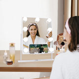 FENCHILIN White Hollywood Vanity Mirror with Lights 9 Dimmable Bulbs Wireless Charger Speaker Makeup Mirror with Smart Touch Control for Glam Room Bedroom Detachable 10X Magnification