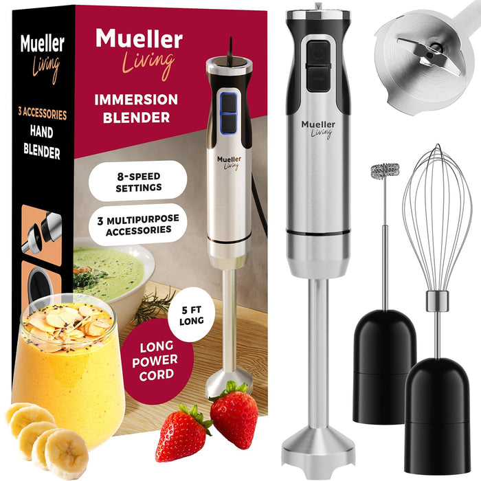 Mueller Immersion Blender Handheld - 8 Speed Stainless Steel Electric Hand Blender, 3 in 1 Emulsion Blender Handheld with Turbo Mode, Stick Blender Emulsifier for Kitchen for Soup, Smoothie, Puree