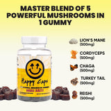 Happy Caps Functional Mushroom Gummies - Lions Mane, Cordyceps, Chaga, Reishi - Immune System Booster & Nootropic Brain Supplement - 60 Gummies (1)