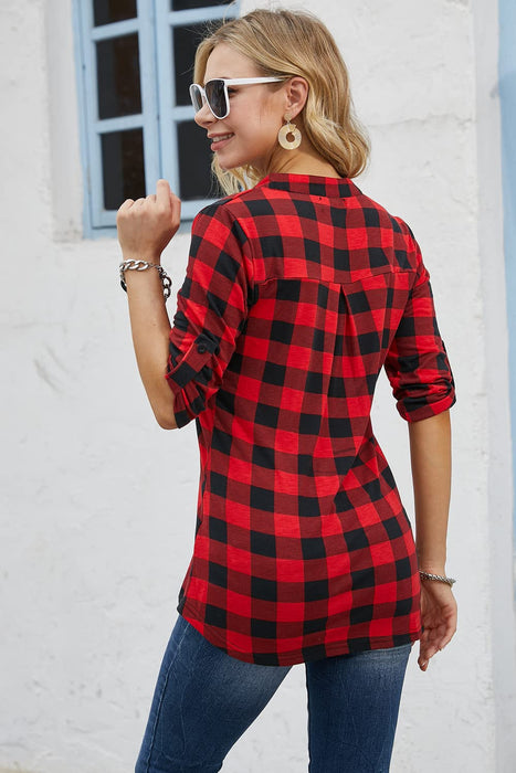 Ninedaily Plaid Shirts for Women,2024 Christmas Red and Black Plaid Ladies Tops Dressy 3/4 Sleeve Winter Holiday Casual Home New Years Eve Outfits Loose Fitting Gifts Clothing, Size XXL