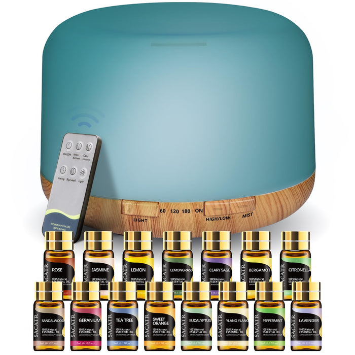 500ml Essential Oil Diffusers, Aromatherapy Diffuser with 2 Mist Mode 4 Timers＆7 Ambient Light Waterless Auto Off for Diffusers Large Room Home Office（15x5mL）