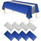 8Pack Disposable Plastic Tablecloths and Satin Table Runner Set Blue and Silver Dot Tablecloth Silver Satin Table Runner for Wedding Birthday Baby Shower Anniversary Christmas New Year Party Supplies