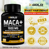X Gold Health Organic Maca Root Powder Capsules 1500mg with Black | Red & Yellow Peruvian Maca Root Extract Gelatinized, Energy & Mood Supplement for Men & Women + Black Pepper for Best Benefits