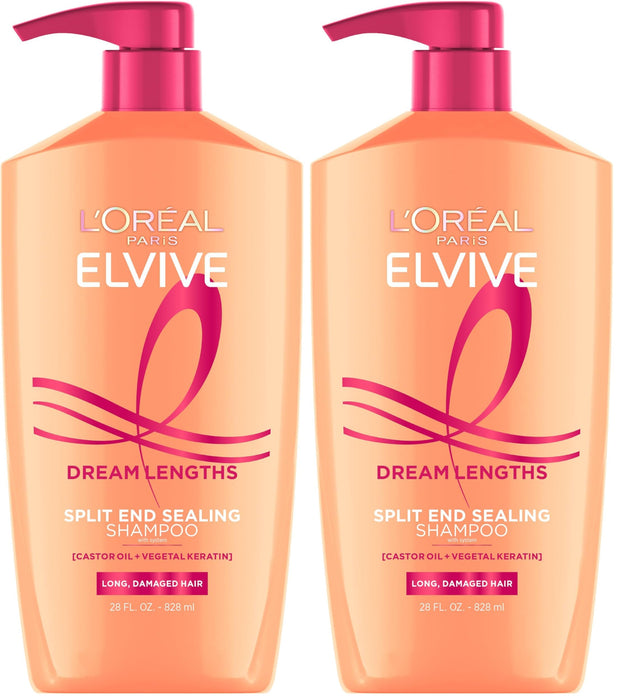 L'Oreal Paris Elvive Dream Lengths Restoring Shampoo With Fine Castor Oil and Vitamins B3 and B5 for Long, Damaged Hair, Visibly Repairs Damage Without Weighdown With System, 28 Fl Ounce (Pack of 2)