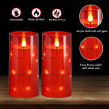 NURADA Flickering Flameless Candles: Built-in Star String Lights Battery Operated LED Pillar Candles with Remote and Timer Romantic Decorations for Wedding Party Christmas Halloween - Red 2 Pack