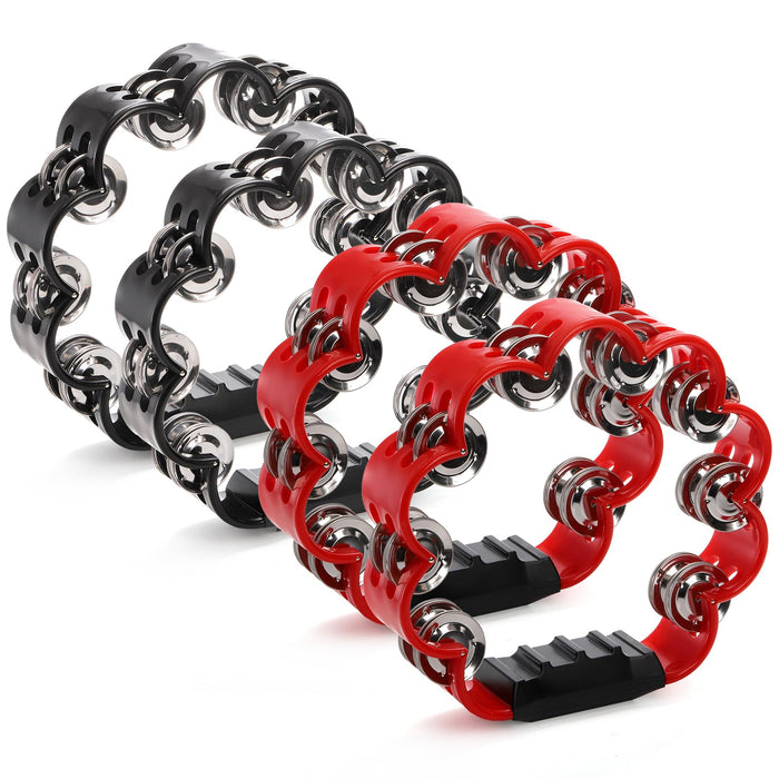 Okllen 4 Pack Double Row Hand Held Percussion Tambourine, Metal Jingles Handled Tambourine Bells Music Instrument for Adult, Tambourine Lover, Christmas Gift, Red&Black