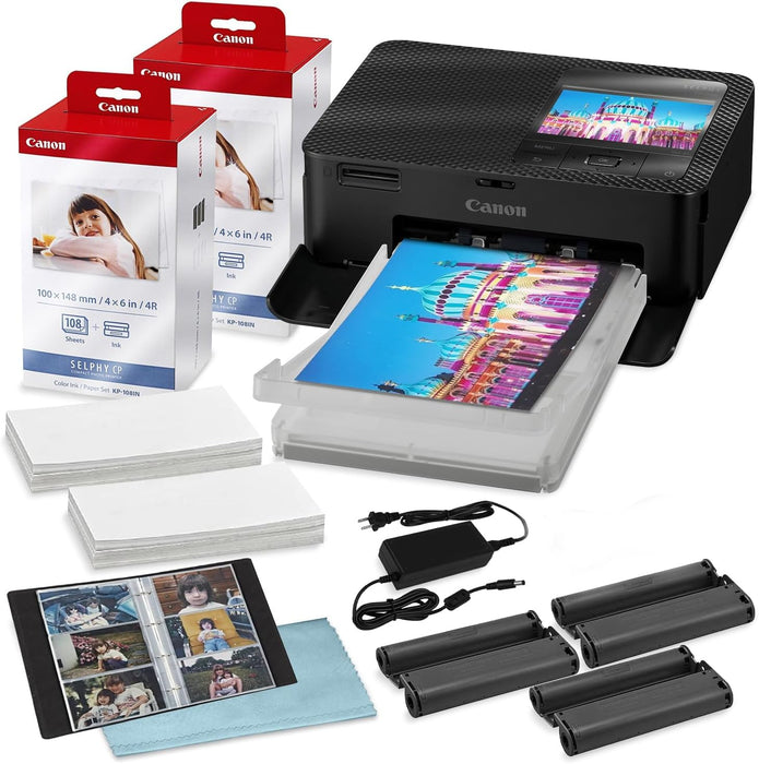 BluebirdSales Selphy CP1500 Wireless Compact Photo Printer (Black) with 2-Pack KP-108IN Color Ink Paper Set (216 Sheets of 4x6 Paper + 6 Ink Cartridges), Power Adapter & Deluxe Photo Album