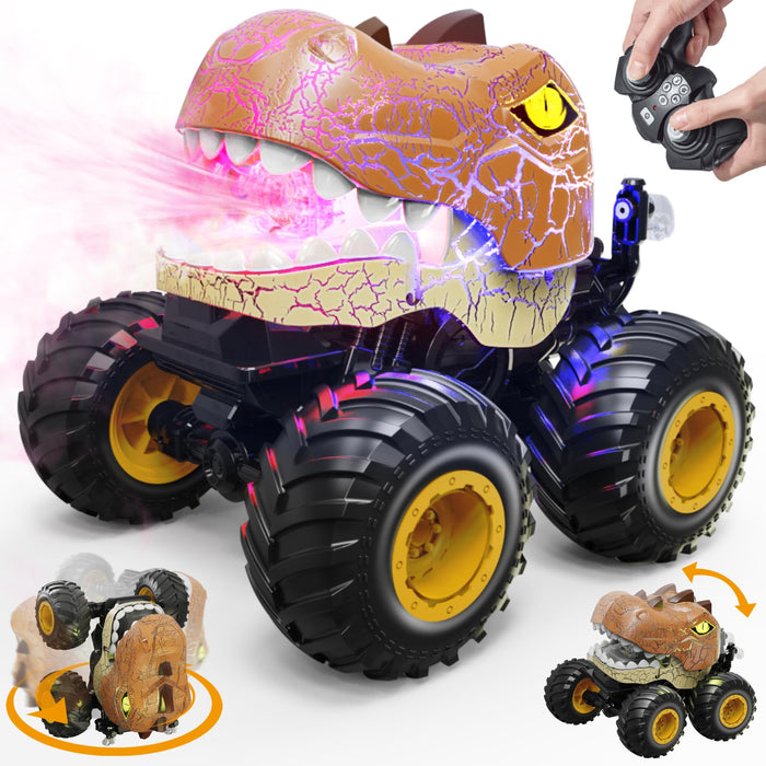 OPMIND Dinosaur Remote Control Car, RC Monster Trucks for Boys Age 4-7, 2.4GHz RC Stunt Car with Spray Lights & Sound, All Terrain Indoor/Outdoor Toys for Kids 3-5 6 7 8-12 Christmas & Birthday Gifts