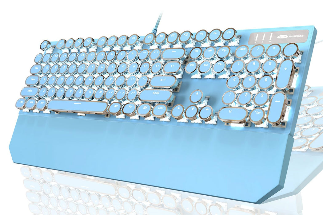 Typewriter Style Mechanical Gaming Keyboard,Retro Punk Gaming Keyboard with White Backlit, 104 Keys Blue Switch Wired Cute Keyboard with Detachable Wrist Rest,Blue Keyboard for Office/PC/Laptop