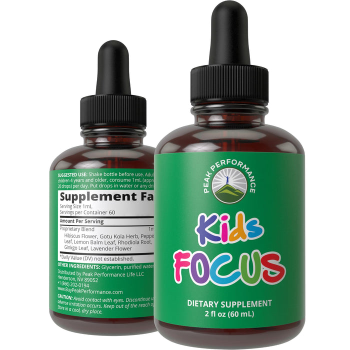 Kids Focus Drops. Attention Deficit Liquid Supplement For Concentration, Attention, Brain, Memory. No Bitter Taste. Natural Non-Habit Forming Sugar Free 7-in-1 Vegan Nootropic For Children, Teenagers