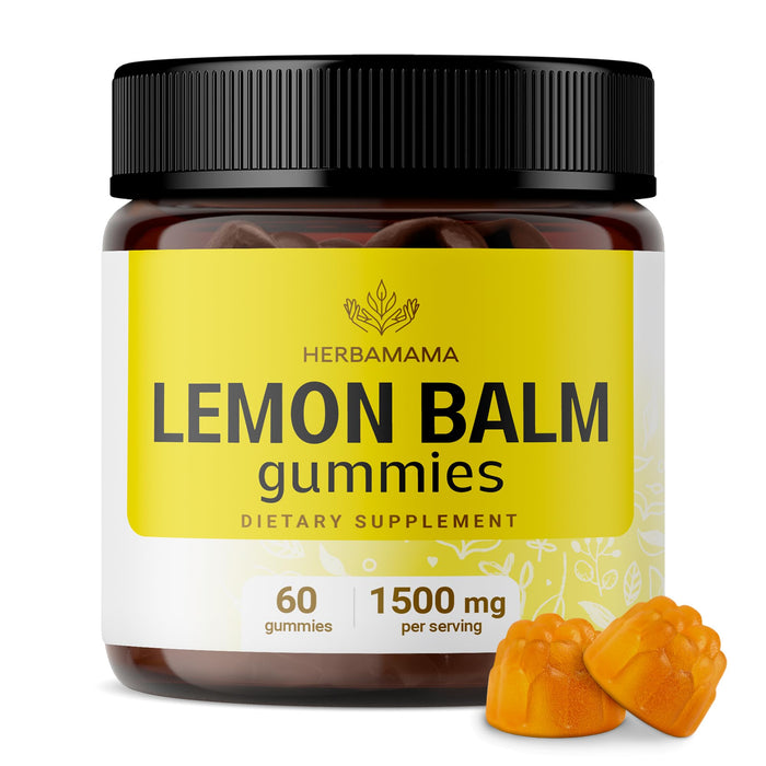 HERBAMAMA Lemon Balm Gummies - Lemon Balm Supplements for Mood and Brain Support - Calming Gummies with Calm and Relaxing Formula - Lemon Balm Herb Melissa Officinalis - 60 Vegan Gummies