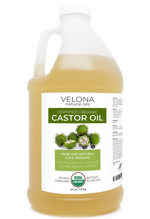 velona USDA Certified Organic Castor Oil - 64 oz | For Hair, Boost Eyelashes, Eyebrows | Cold pressed, Natural Oil, USP Grade | Hexane Free