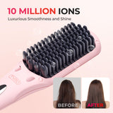 TYMO Ionic Hair Straightener Brush - Straightening Comb with 10M Negative Ions, 25s Heat-up, 16 Temps, Dual Voltage, LED Display | Ceramic Hot Comb Hair Brush Straightener for Women, Pink