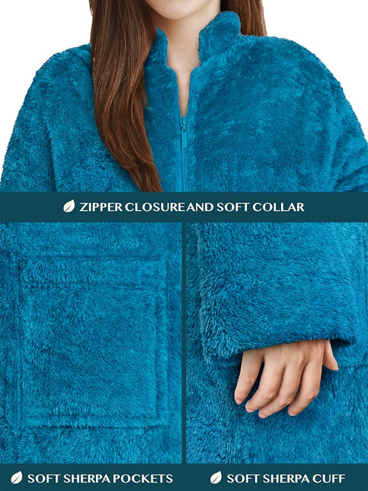 PAVILIA Womens Housecoat Zip Robe, Sherpa Zip Up Front Robe Bathrobe, Fuzzy Warm Zipper House Coat Lounger for Women Elderly with Pockets, Fluffy Fleece Long Plus Size, Teal Sea Blue (2X/3X)