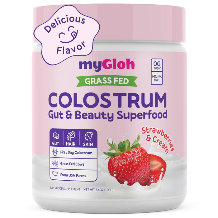 Colostrum Powder Premium | Gut Health & Bloating, Hair Growth & Skin Glow, Immunity | Natural Flavor Strawberries & Cream | Grass-Fed Bovine Colostrum Supplement | High IgG, Gluten Free, Bioactives