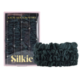 SILKIE x4 Set 100% Pure Mulberry Silk Green Skinny Scrunchies Travel Pouch Everyday Hair Ties Elastics Hair Care Ponytail Holder No Damage (Emerald)