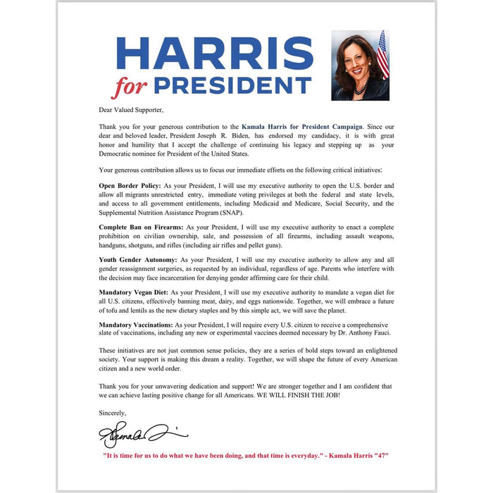 Prank - Kamala Harris 2024 Prank Mail Donation Receipt, Hilarious Joke, Sent 100% Anonymous, Practical Gag Package Envelope Gift