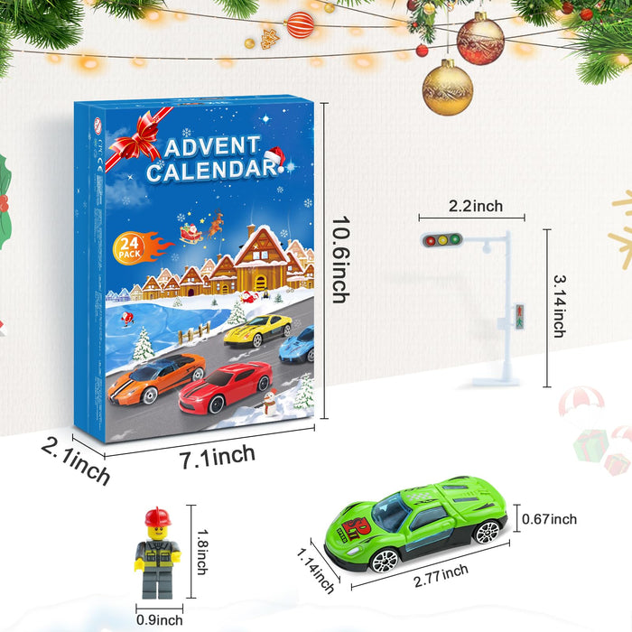 2024 Advent Calendar Kids Christmas 24 Days Countdown Calendar With Racing Vehicles Building Block Figure Traffic Sign Set Surprises Xmas Party Favor Gifts for Boys Girls