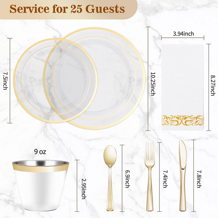 175PCS Clear Gold Disposable Dinnerware Set (25 Guests), Plastic Plates for Party, Wedding, Include: 50Plastic Plates, 25 Gold Silverware, 25 Cups, 25 Napkins