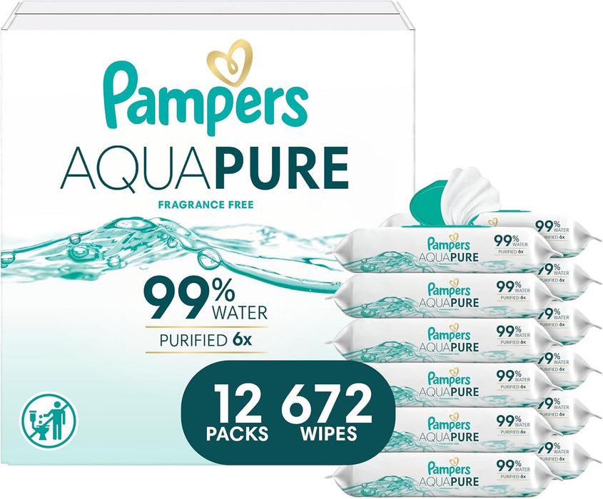 Pampers Aqua Pure Baby Wipes, Unscented, Fragrance Free, 99% Water, Water Based, Multi-Use, 672 Wipes Total (12X Flip-Top Packs)