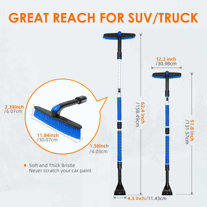 AstroAI 62.4" Ice Scraper and Extendable Snow Scraper for Car Windshield with Foam Grip and 360° Pivoting Brush Head for Christmas Car Auto Truck SUV(Blue)