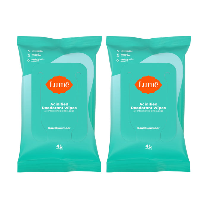 Lume Acidified Deodorant Wipes - 24 Hour Odor Control - Aluminum Free, Baking Soda Free, Skin Loving - Flushable - 45 Count (Pack of 2) (Cool Cucumber)