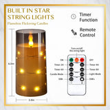 NURADA Flickering Flameless Candles: Built-in Star String Lights 3D Wick Acrylic Battery Operated LED Pillar Candles with Remote and Timer for Wedding Birthday Christmas Decor - Gray 2 Pack