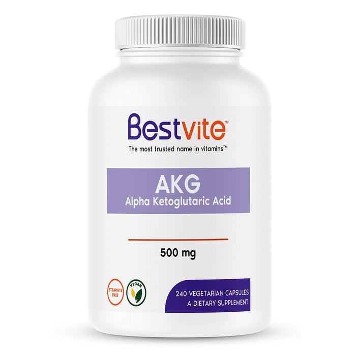 BESTVITE AKG (Alpha Ketoglutaric Acid) 500mg (240 Vegetarian Capsules) - No Stearates - Vegan - Non GMO - Gluten Free - AKG Supplement