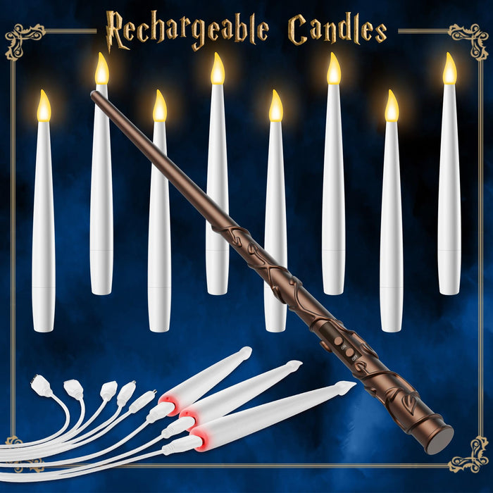 Rechargable Floating Candles with Wand, Magic Hanging Candle Flickering Warm Lights with Remote, Halloween Decorations Flameless Taper LED Candles for Home Window Christmas Wedding Party Decor-8 Pack