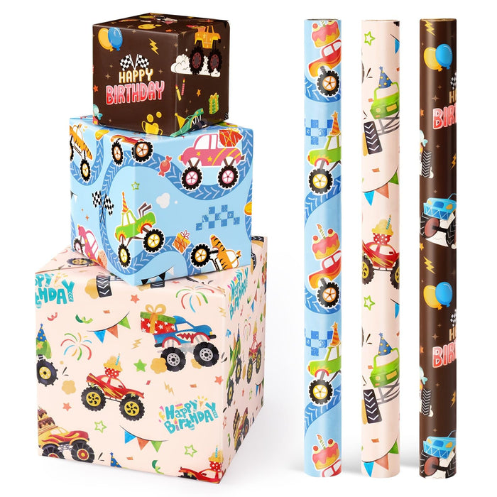 WERNNSAI Monster Truck Wrapping Paper Rolls - 3 Short Rolls 17 in x 10 ft Birthday Wrapping Paper Rolls Kids Boys Racing Wrapping Paper Rolls Holiday Wrapping Paper Beige Blue Brown Gift Papers with Cut Lines