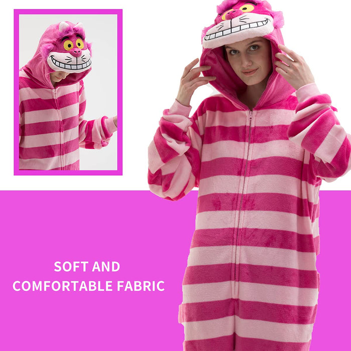 COSUSKET Fitted Unisex Adult Cheshire Cat Onesie Pajamas, Halloween Flannel Women's Cosplay Animal One Piece Costume